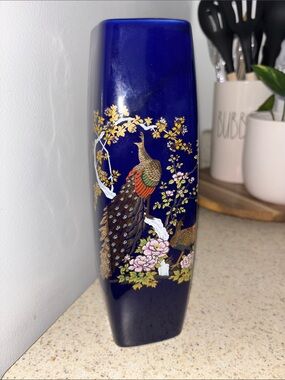 Vintage porcelain Japanese square cobalt blue pheasants and peonies vase